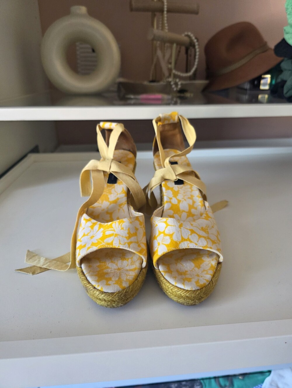 Burberry Yellow Floral Espadrille Wedges with Ankle Ties